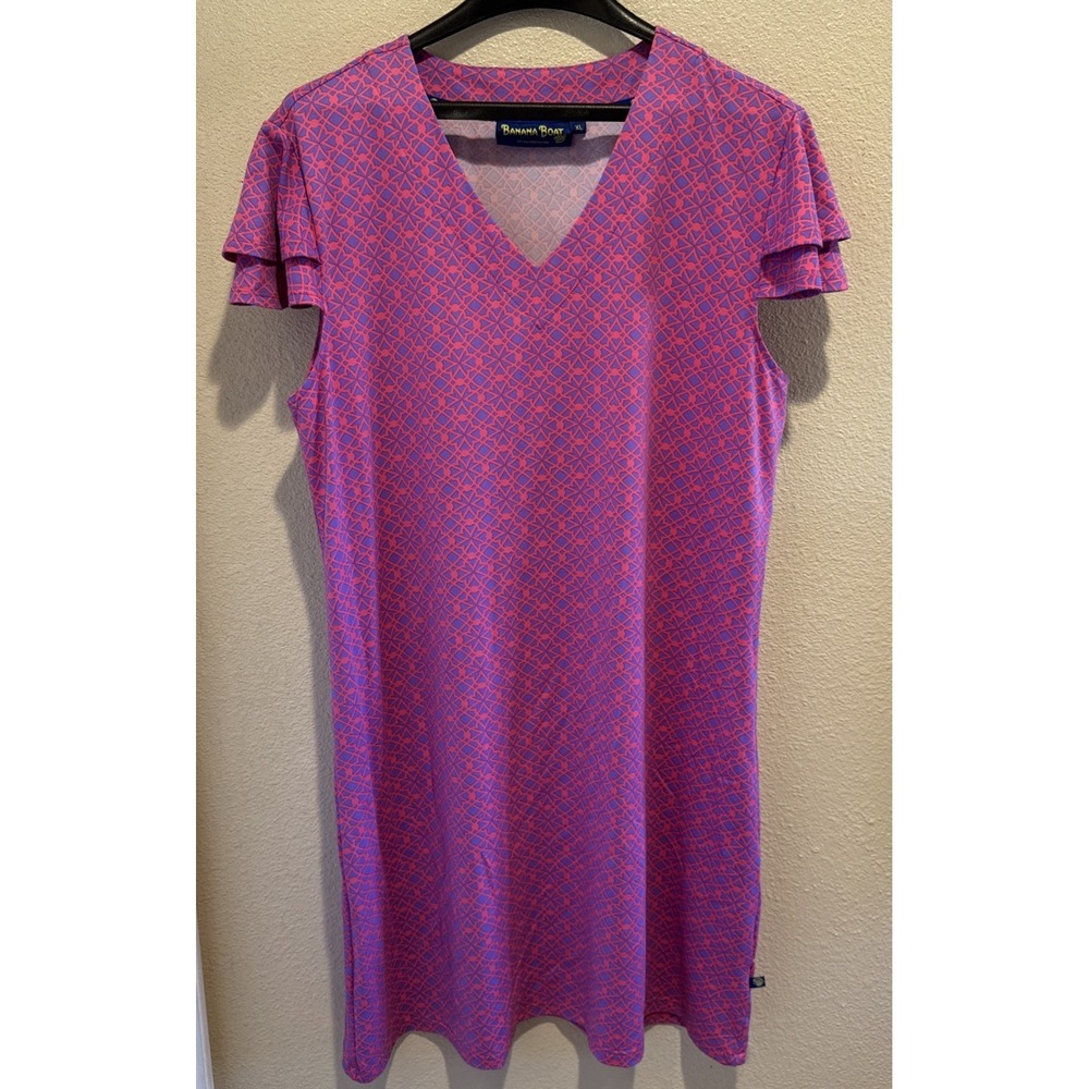 Banana Boat UPF 50+ V-Neck Double Ruffle Sleeve Pink/Purple Dress Size XL